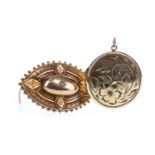 A VICTORIAN DIAMOND SET MOURNING BROOCH AND A PLATED LOCKET