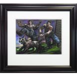 TWO MEN AND A DOG, A PASTEL BY PETER HOWSON