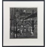 AT MIDNIGHT THE WOODS WAKE, A LINOCUT BY BOB BAIN