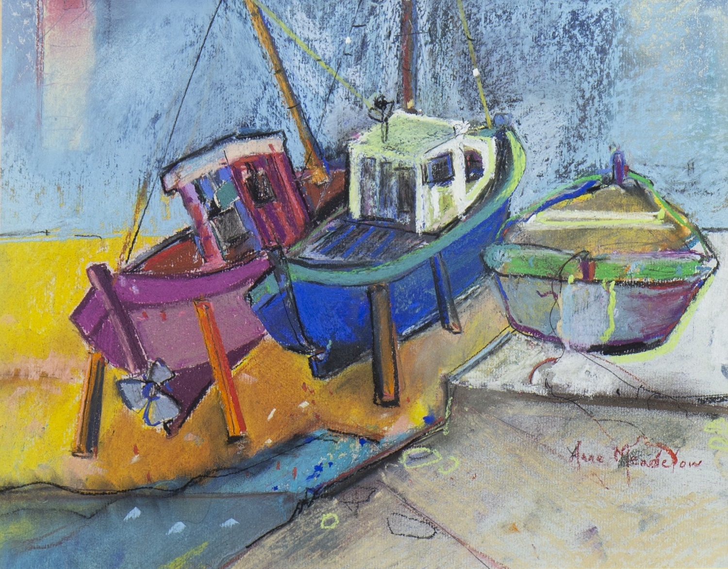 BOATS ON THE SHORE, KALKAN, A CHALK SKETCH BY ANNE MENDELOW - Image 2 of 2