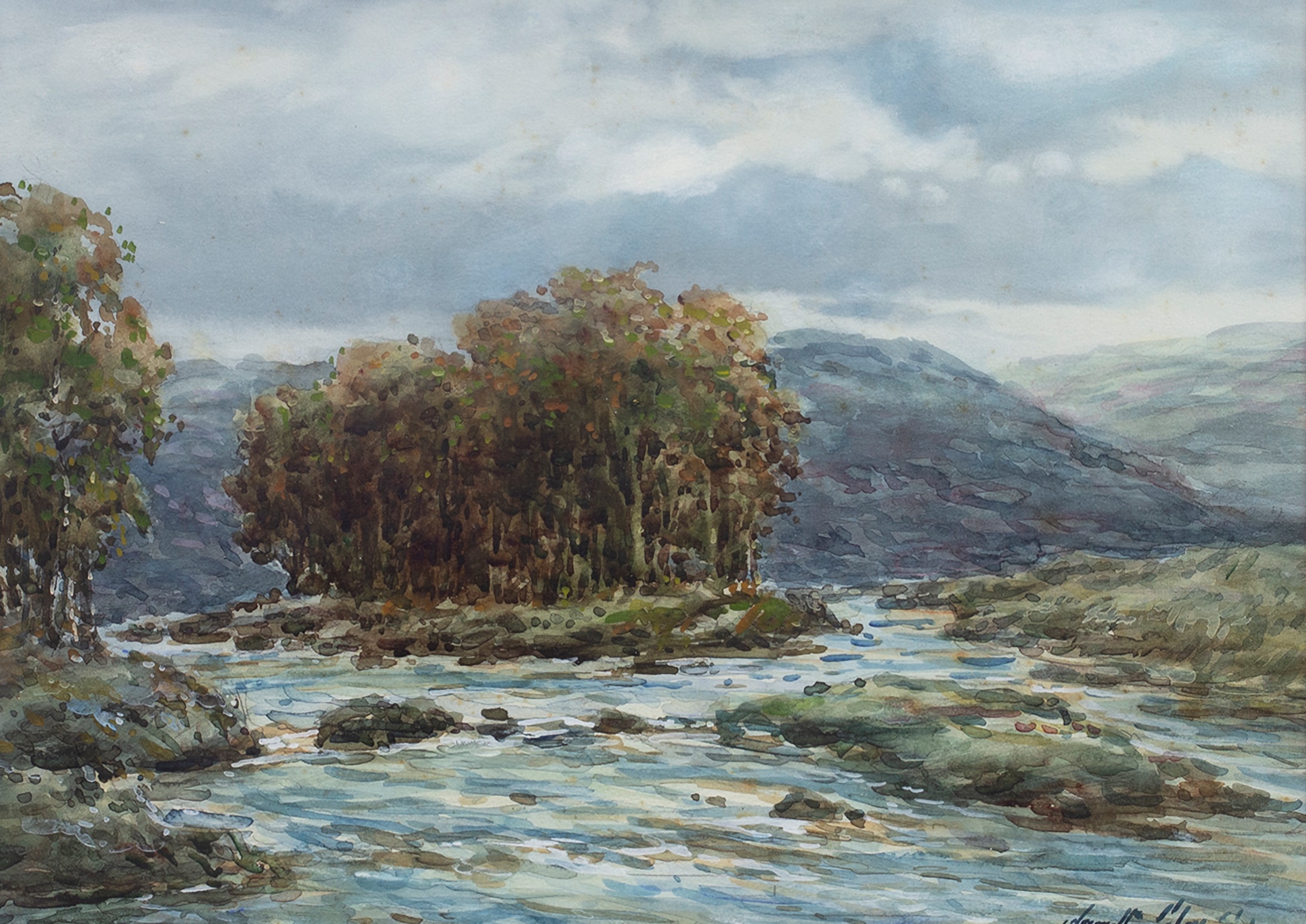 HIGHLAND RIVER SCENE, A WATERCOLOUR BY JOHN HAMILTON GLASS - Image 2 of 2