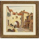 ITALIAN COASTAL VILLAGE SCENE, A WATERCOLOUR IN THE STYLE OF SIR ERNEST DARYL LINDSAY