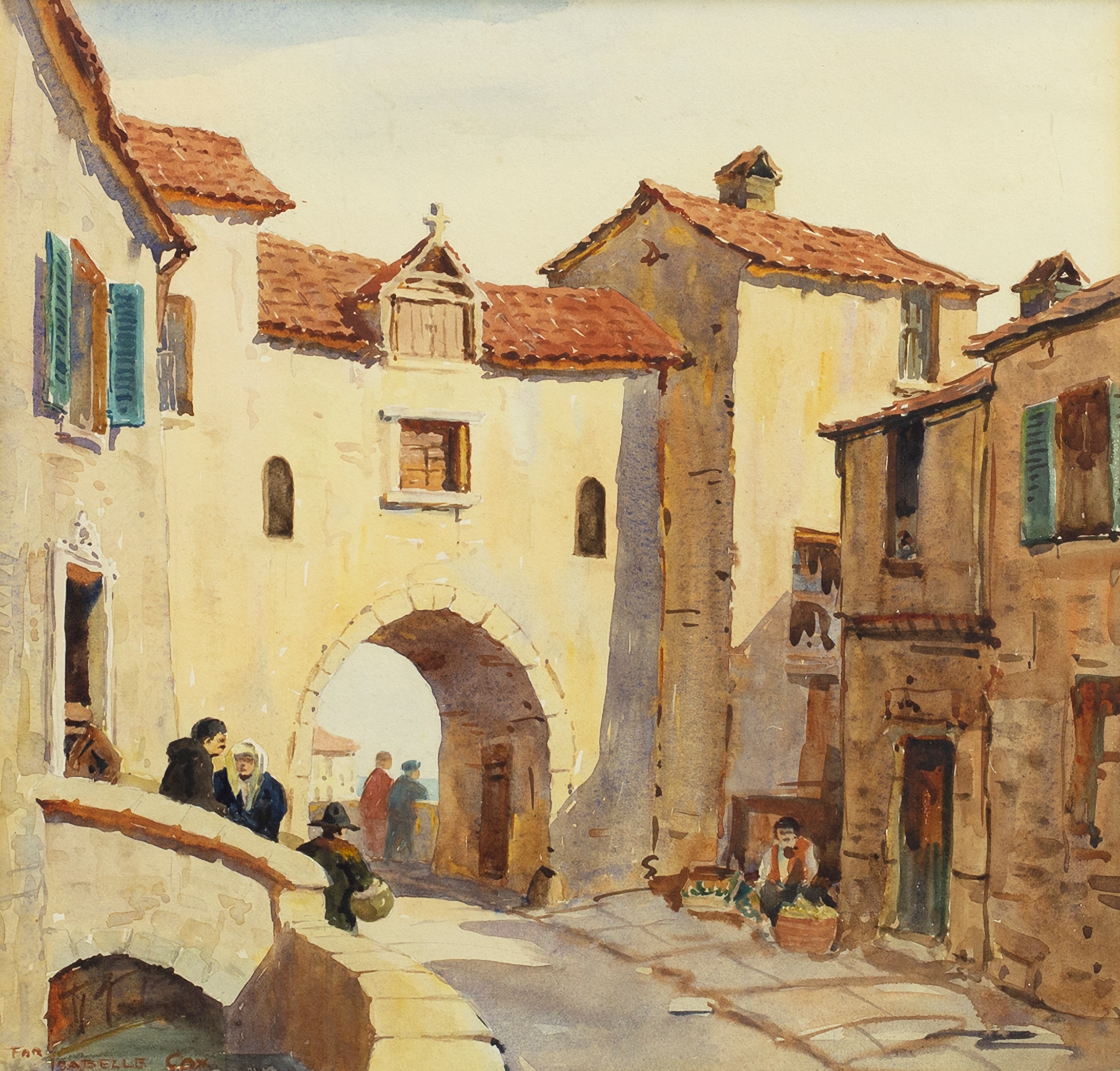 ITALIAN COASTAL VILLAGE SCENE, A WATERCOLOUR IN THE STYLE OF SIR ERNEST DARYL LINDSAY - Image 2 of 2