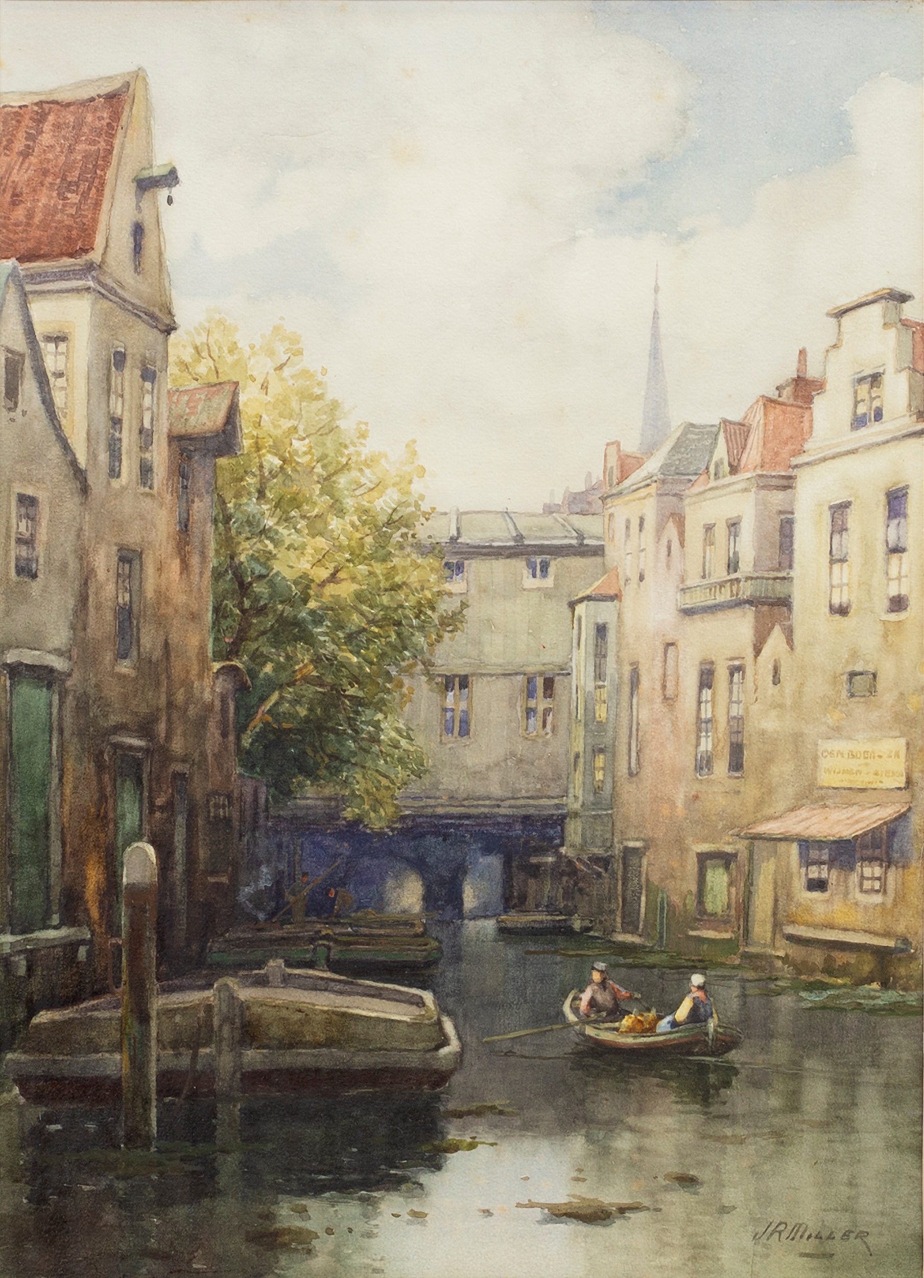 ROWING BOAT ON A DUTCH CANAL, A WATERCOLOUR BY JAMES ROBERTSON MILLER - Image 2 of 2