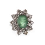 A GREEN GEM AND DIAMOND CLUSTER RING