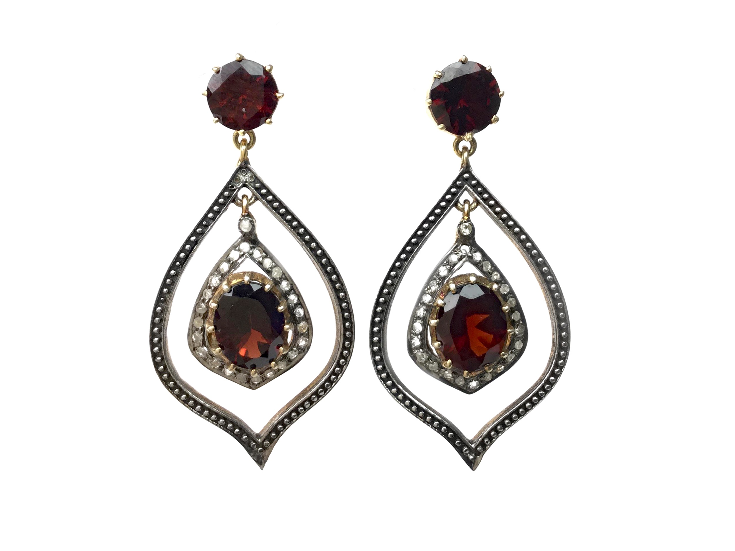 A PAIR OF GOLD PLATED GARNET AND DIAMOND EARRINGS