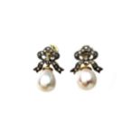 A PAIR OF PEARL AND DIAMOND EARRINGS