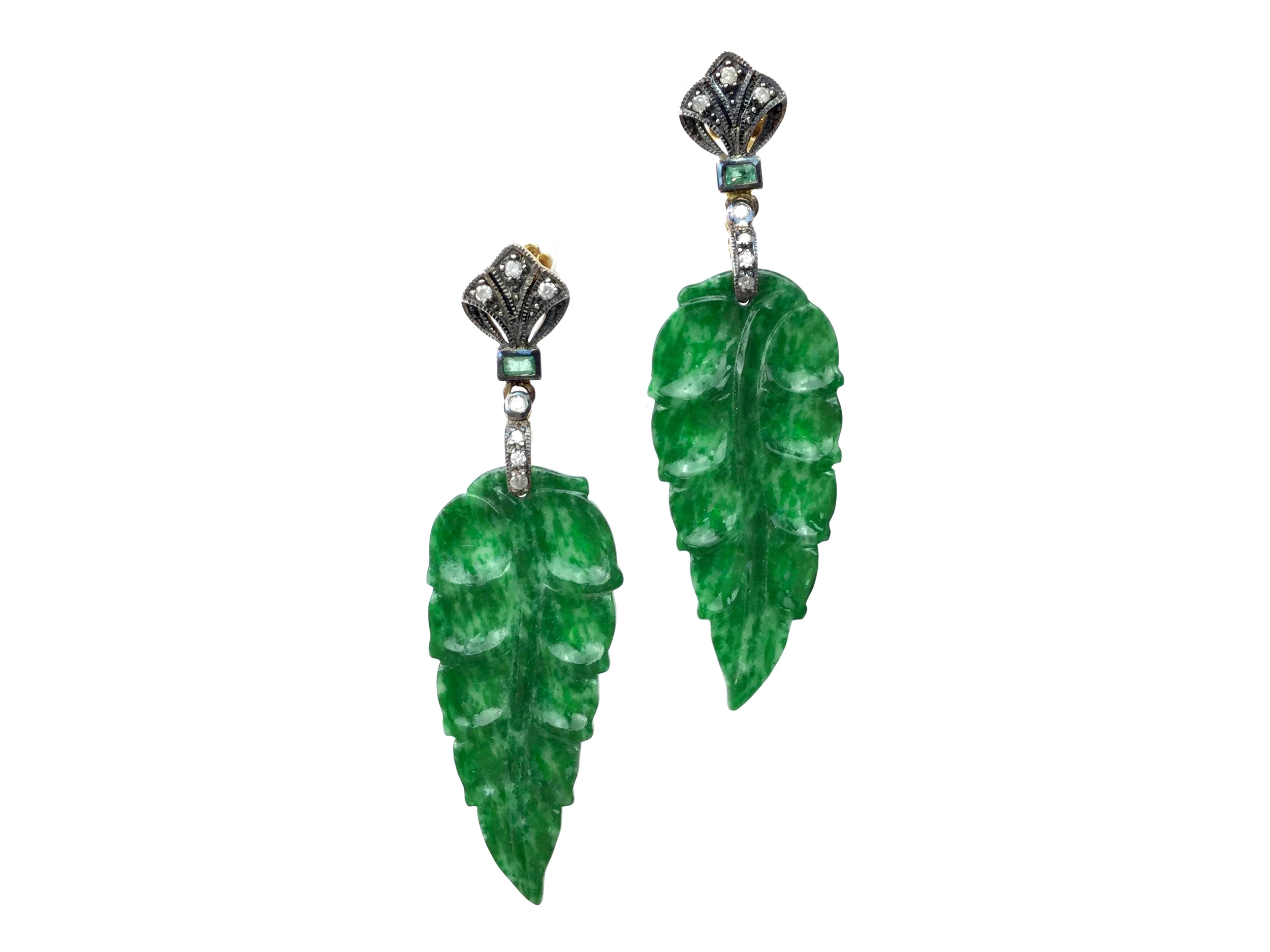 A PAIR OF JADE AND DIAMOND EARRINGS