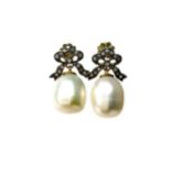 A PAIR OF PEARL AND DIAMOND EARRINGS