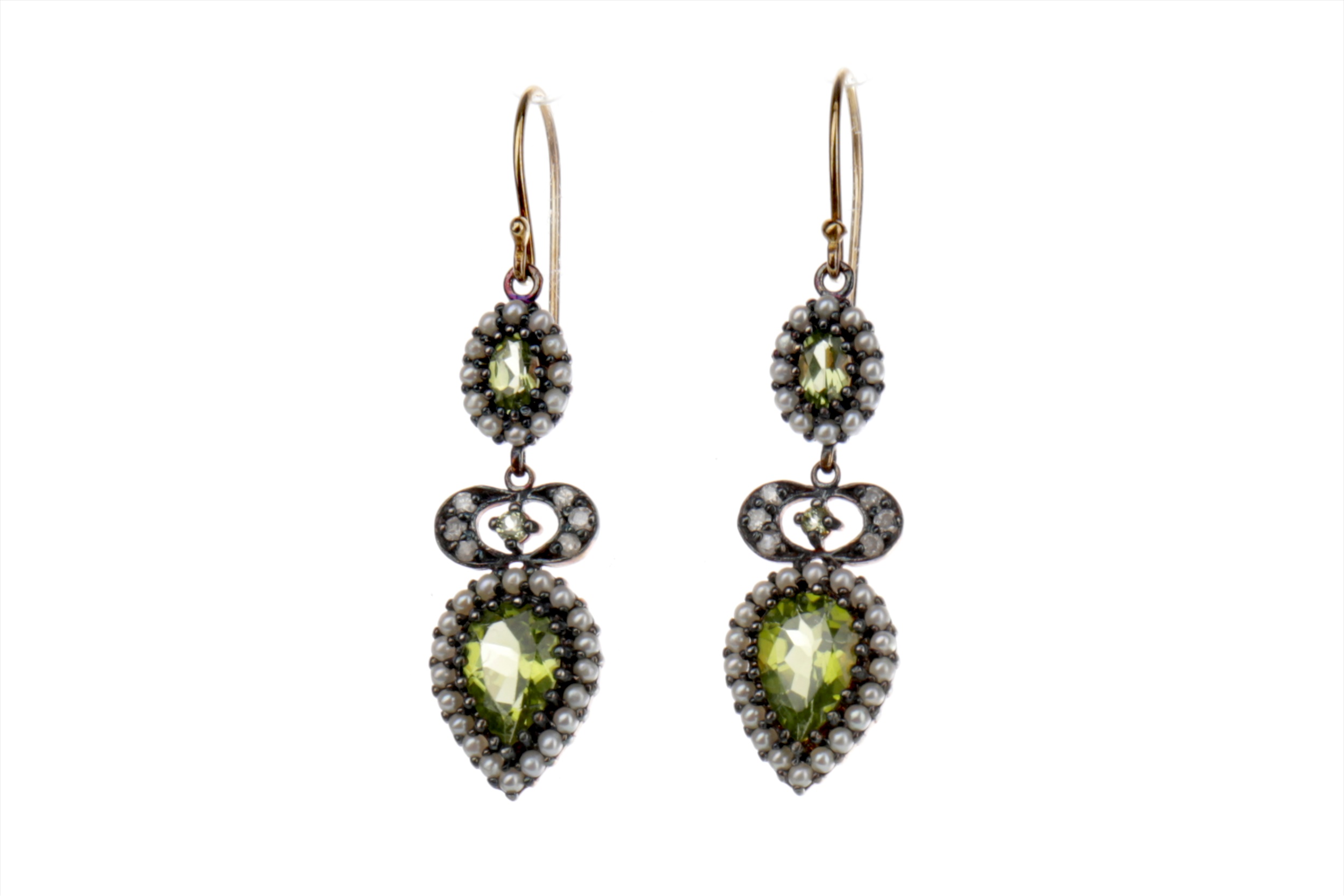 A PAIR OF PERIDOT, PEARL AND DIAMOND EARRINGS