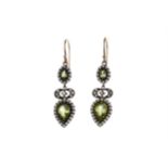 A PAIR OF PERIDOT, PEARL AND DIAMOND EARRINGS