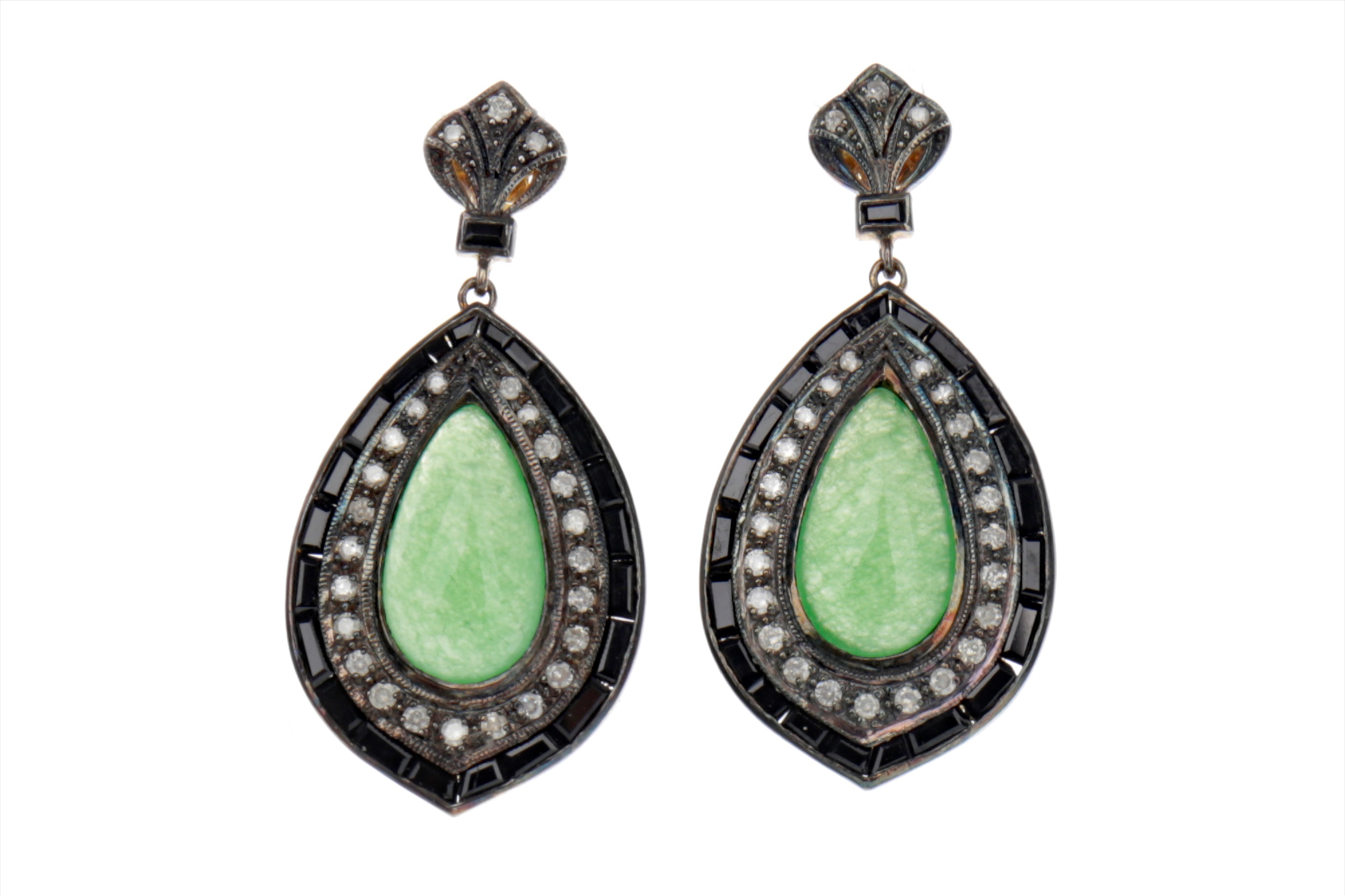 A PAIR OF JADE, ONYX AND DIAMOND EARRINGS