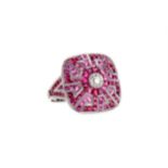 A RUBY, SPINEL AND DIAMOND AZTEC RING