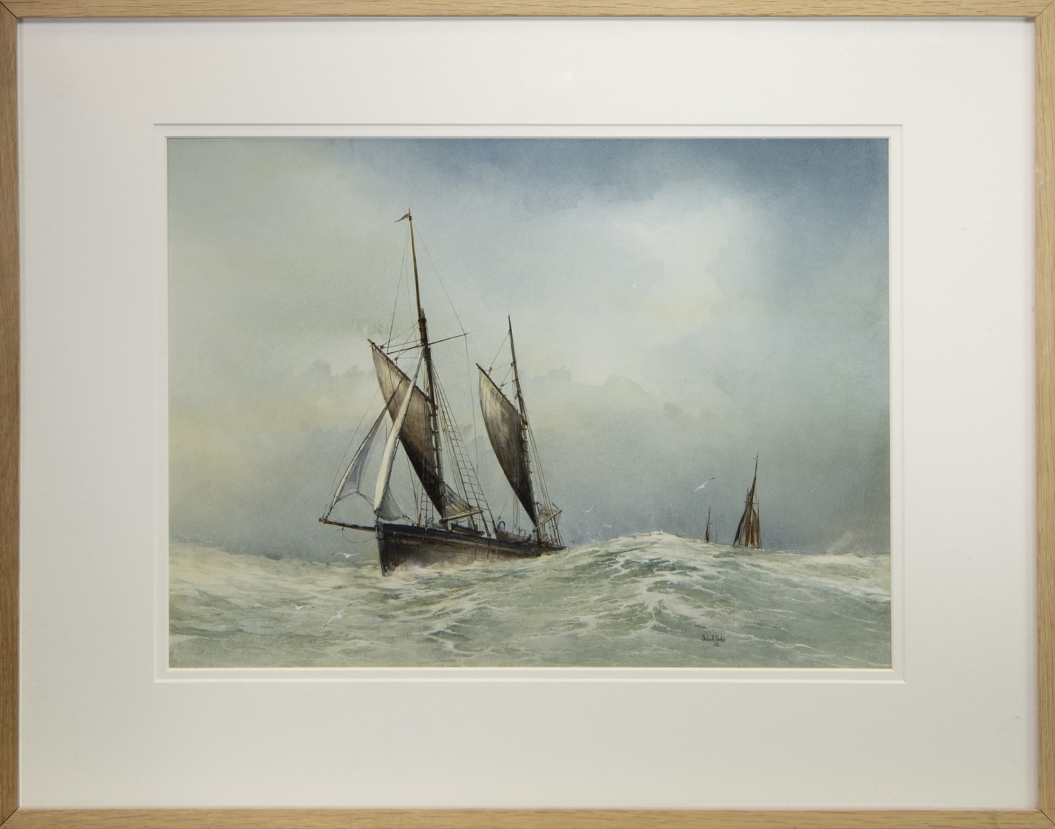 BOATS IN CHOPPY SEAS, AN OIL BY JOHN R TODD