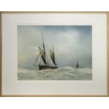 BOATS IN CHOPPY SEAS, AN OIL BY JOHN R TODD