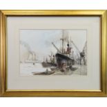 EMBARKING - THE DOCKSIDE, A WATERCOLOUR BY PETER KNOX