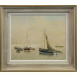 FISHING BOATS, LEIGH, AN OIL BY V HAMMOND