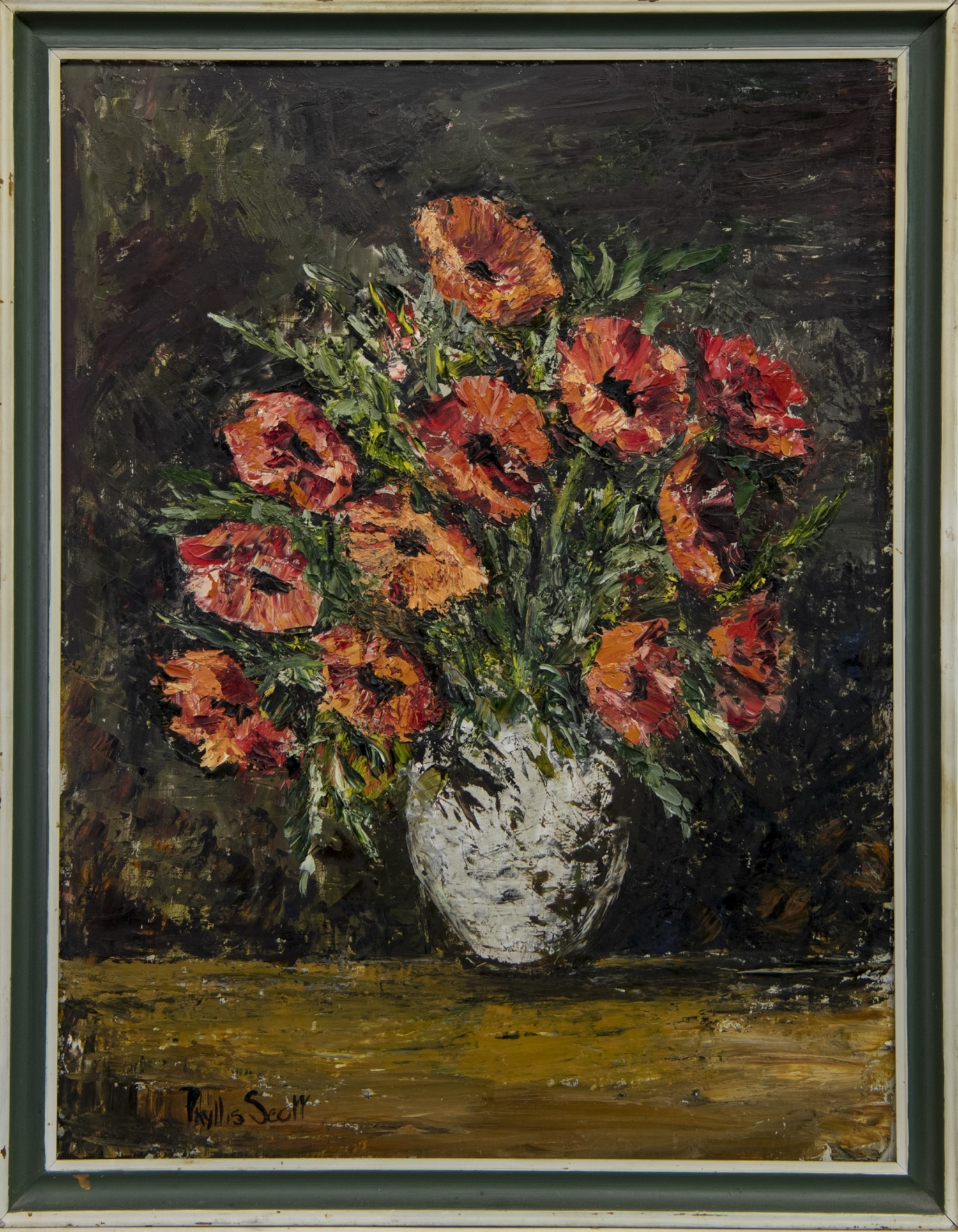 FLORAL STILL LIFE IN CERAMIC, AN OIL BY HELEN PHYLLIS SCOTT