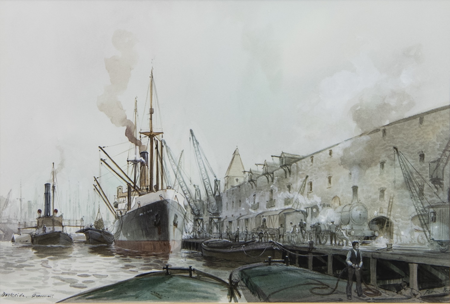 DOCKSIDE, STEAMERS, A WATERCOLOUR BY PETER CECIL KNOX - Image 2 of 2