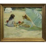 TWO YOUNG GIRLS ON A BEACH, AN OIL BY GERALD STRATCHEY