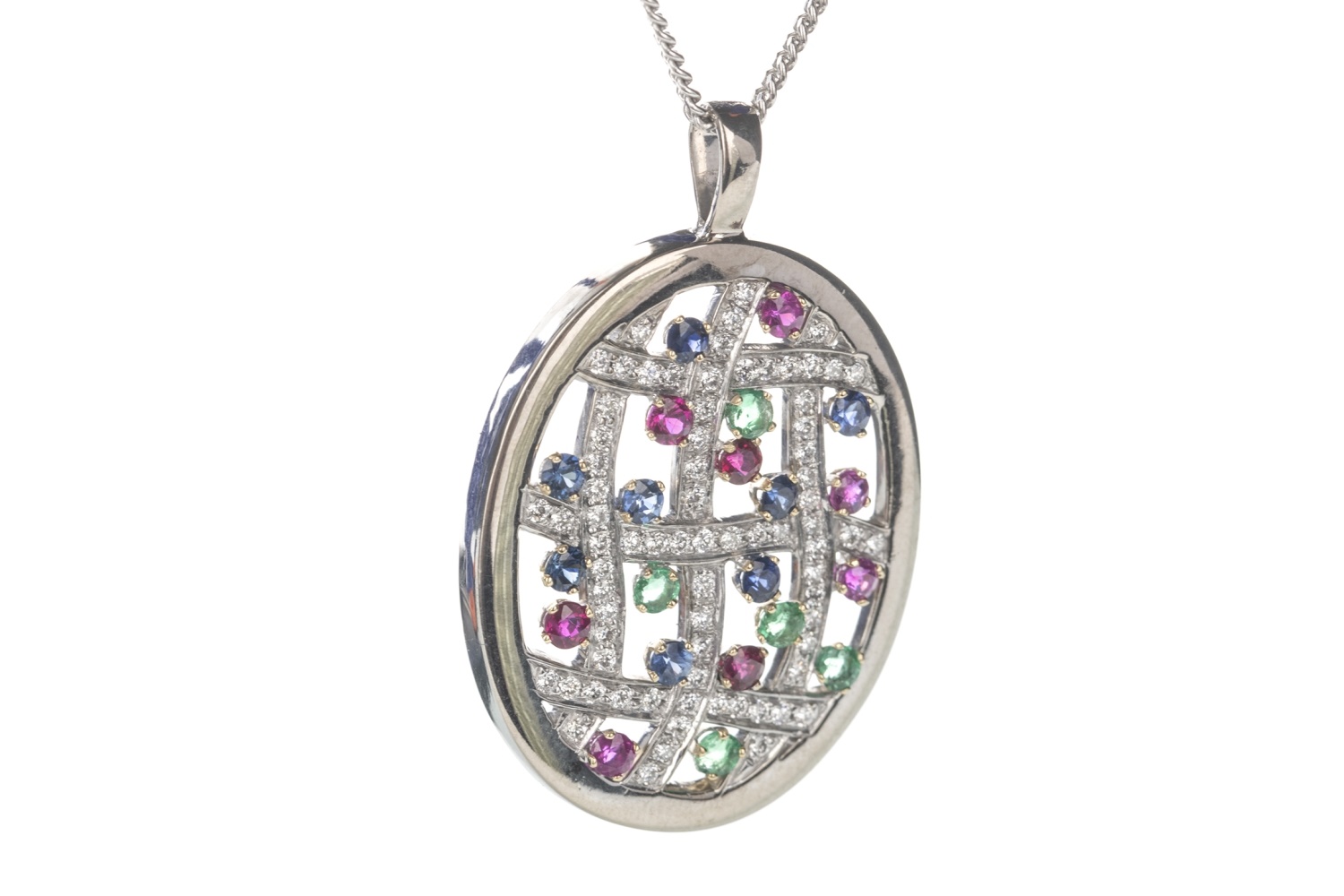 A DIAMOND, RUBY, EMERALD AND SAPPHIRE PENDANT