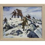 FARMERS AND THEIR DOGS ON A HILL IN WINTER, AN OIL IN THE MANNER OF SIR KYFFIN WILLIAMS