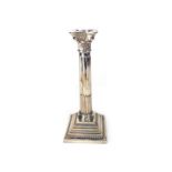 A 20TH CENTURY SILVER CORINTHIAN PILLAR CANDLESTICK