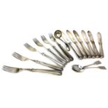 A SET OF SILVER FISH KNIVES AND FORKS, TEASPOONS AND A LADLE