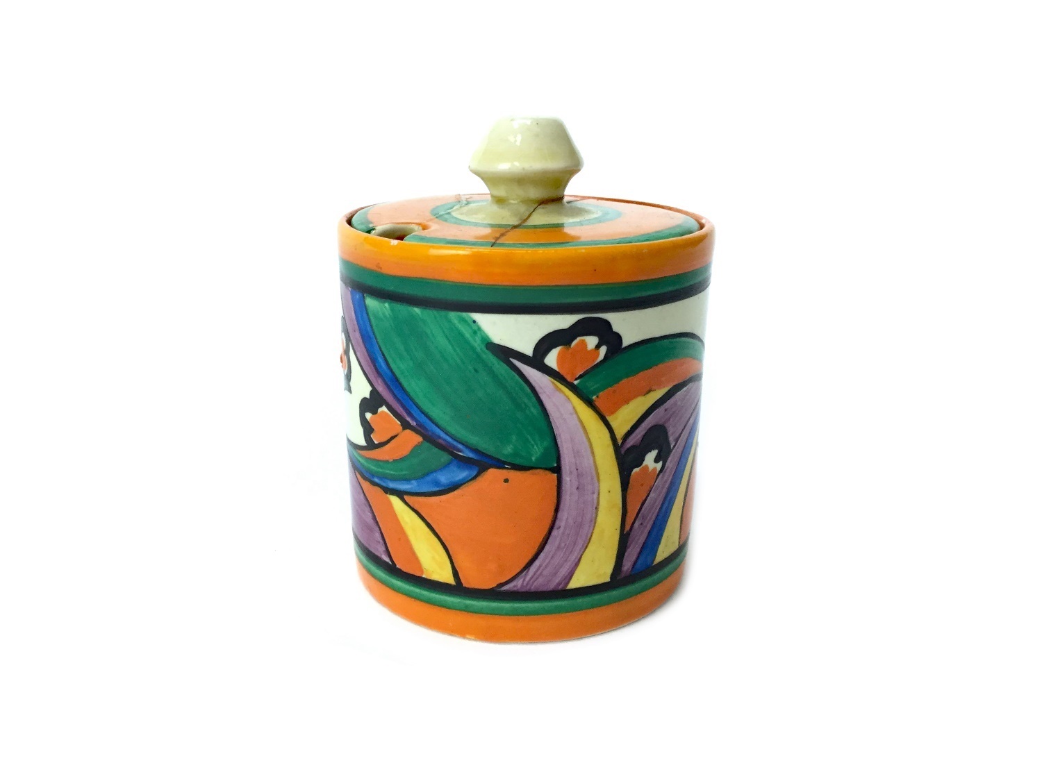 A CLARICE CLIFF 'COMETS' PATTERN PRESERVE POT AND COVER