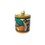 A CLARICE CLIFF 'COMETS' PATTERN PRESERVE POT AND COVER