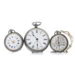 A CONTINENTAL SILVER OPEN FACE POCKET WATCH AND TWO FOB WATCHES