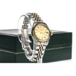 A LADY'S ROLEX OYSTER PERPETUAL DATE STAINLESS STEEL BI COLOUR AUTOMATIC WRIST WATCH