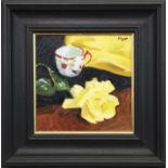 STILL LIFE WITH YELLOW ROSE, AN OIL BY NORMAN EDGAR