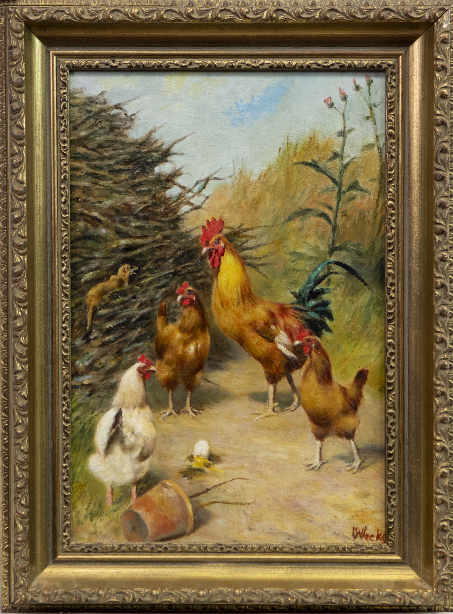 HENS AND COCKEREL, AN OIL BY HERBERT WILLIAM WEEKES