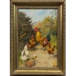 HENS AND COCKEREL, AN OIL BY HERBERT WILLIAM WEEKES