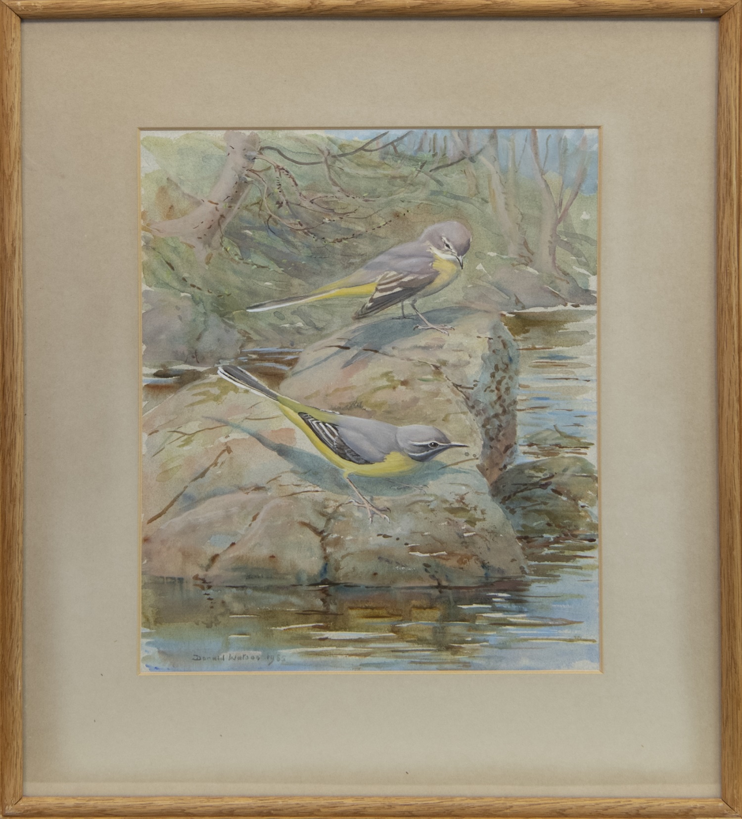 GREY WAGTAILS, A WATERCOLOUR BY DONALD WATSON