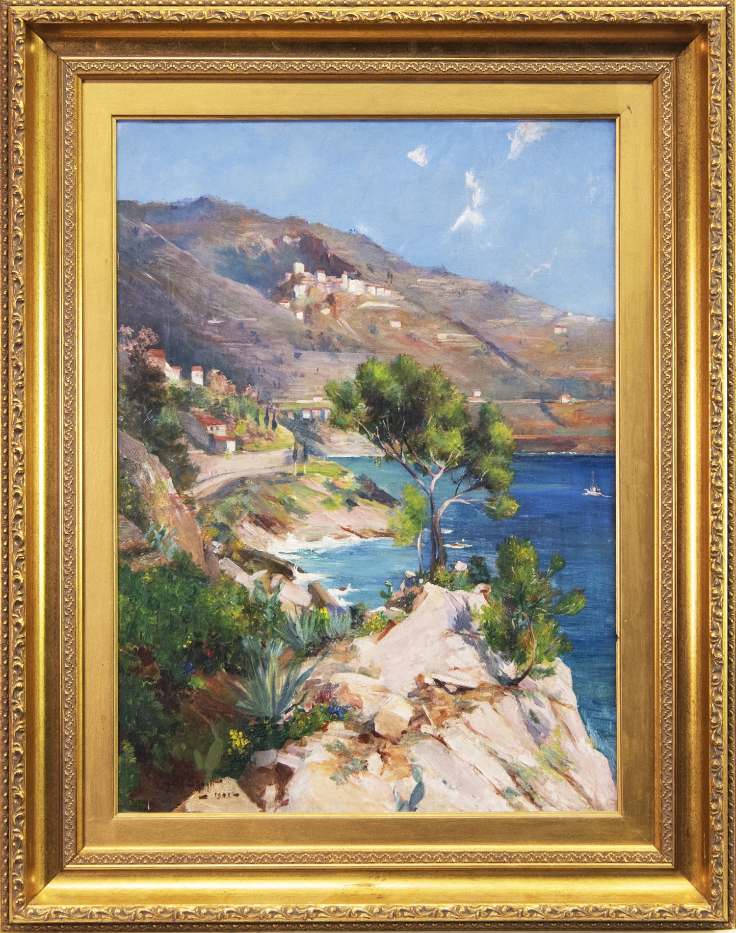 A CONTINENTAL COASTAL VIEW, AN OIL BY ALLAN STEWART