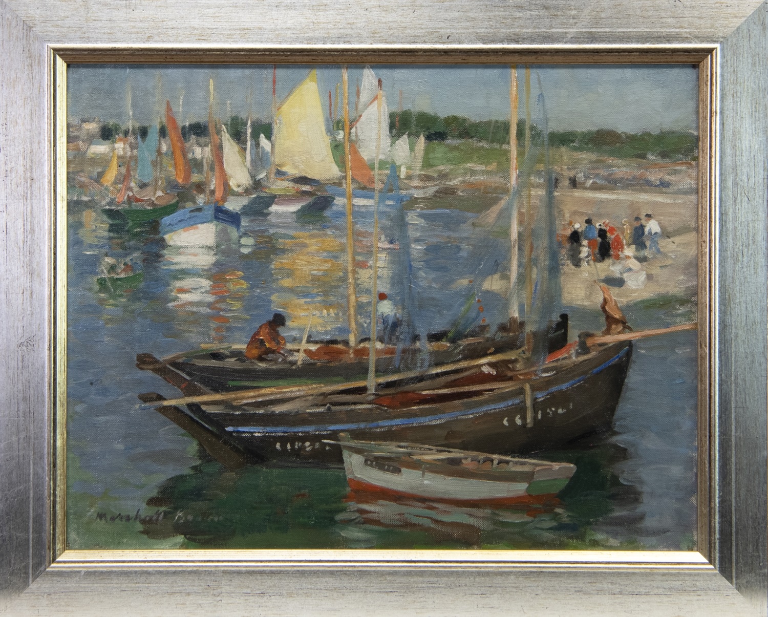 BOATS IN HARBOUR, AN OIL BY WILLIAM MARSHALL BROWN