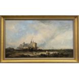 SAILING SHIP AND FIGURES ON A SHORE, AN OIL