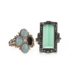 A PARTIAL OPAL RING AND A GREEN HARDSTONE AND MARCASITE RING