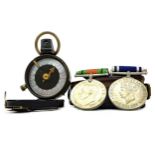 A WWI PRISMATIC COMPASS, POLICE LONG SERVICE MEDAL AND A DEFENCE MEDAL