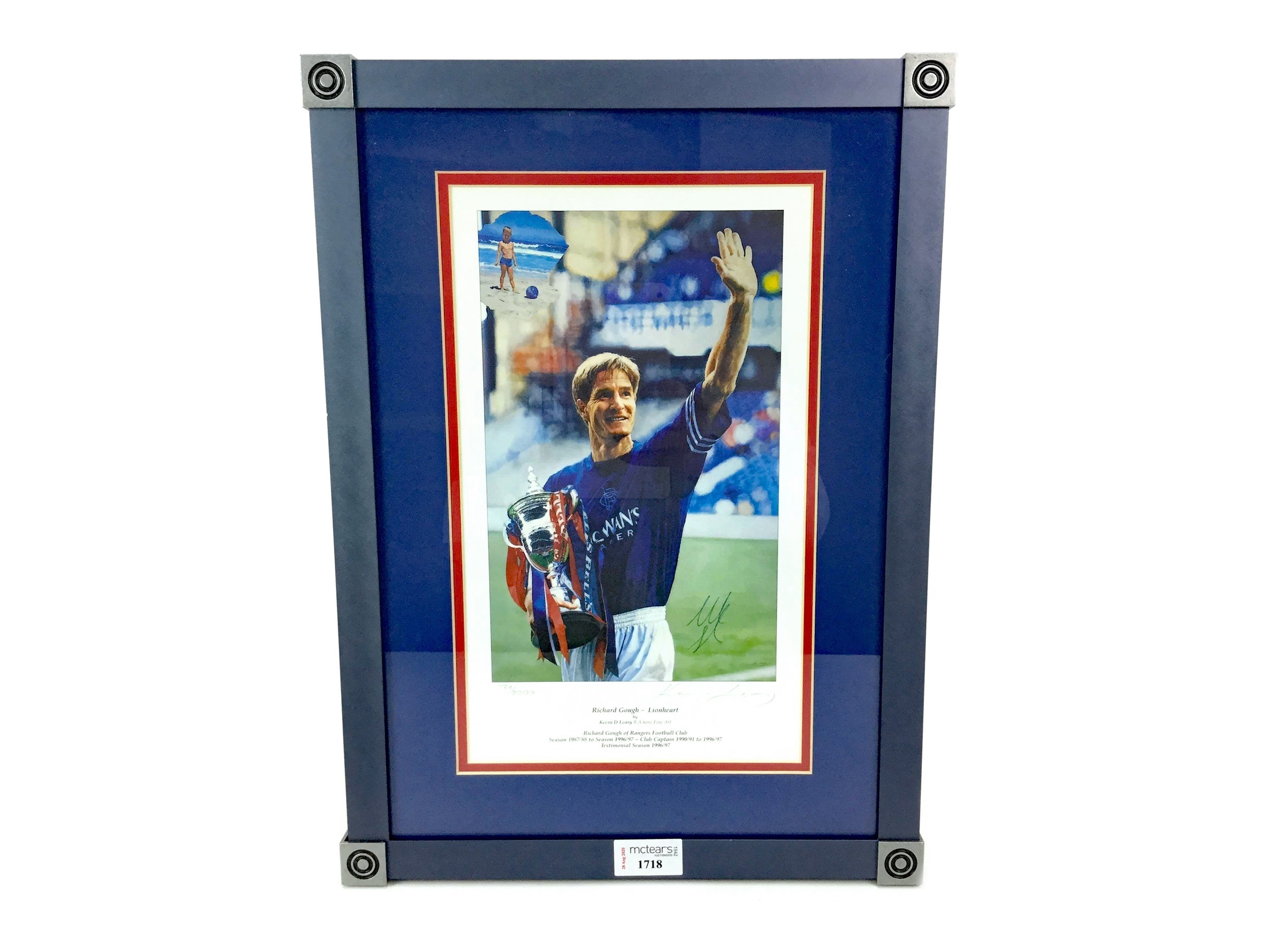A FRAMED PRINT OF RICHARD GOUGH BY KEVIN LEARY, SIGNED BY THE PLAYER