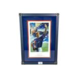 A FRAMED PRINT OF RICHARD GOUGH BY KEVIN LEARY, SIGNED BY THE PLAYER