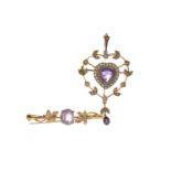 A PURPLE GEM SET AND SEED PEARL HOLBEIN AND A BAR BROOCH