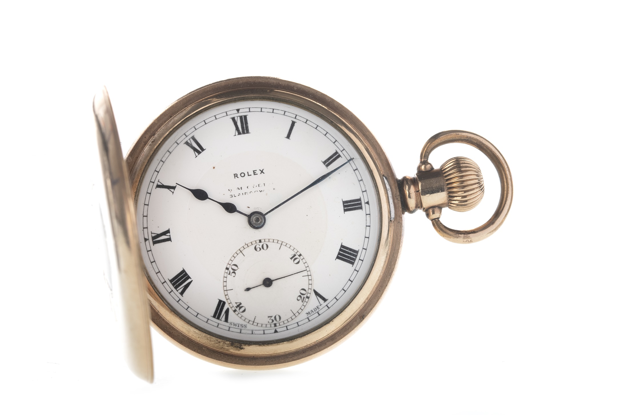 A ROLEX HALF HUNTER GOLD PLATED KEYLESS WIND POCKET WATCH