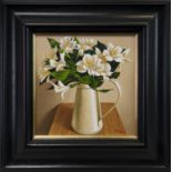 WHITE FLOWERS IN A WHITE TIN JUG, AN OIL BY GRAHAM MCKEAN