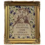 GREED IS STOPPING OUR HUMAN EVOLUTION, A CERAMIC TILE BY CARRIE REICHARDT