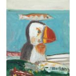 PUFFIN WITH FISH ON HEAD, AN OIL BY JOHN BELLANY