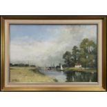 RIVERSIDE SCENE WITH BOATS, AN OIL BY JOHN AMBROSE