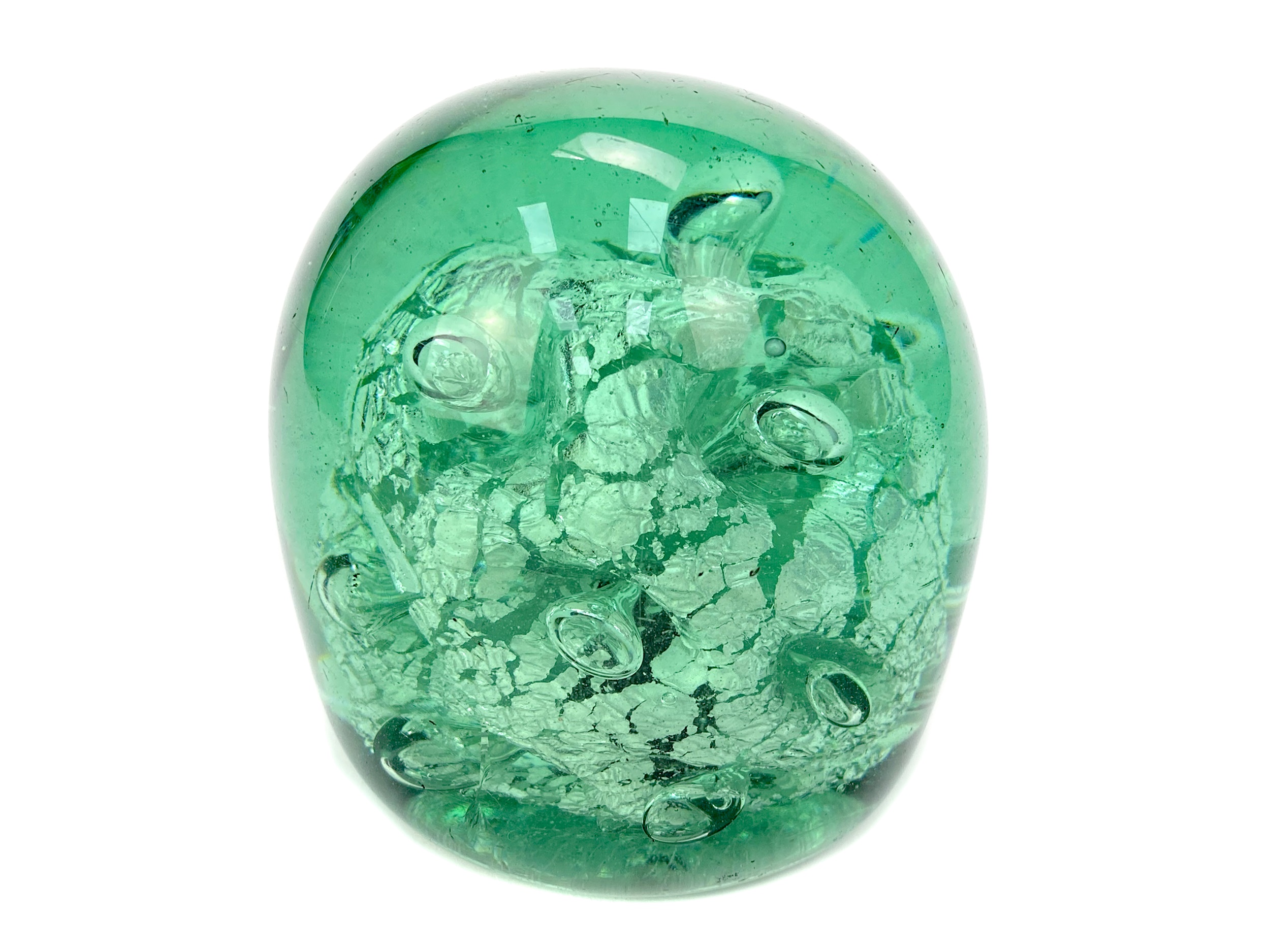 A GREEN GLASS 'DUMP' PAPERWEIGHT BY J. KILNER